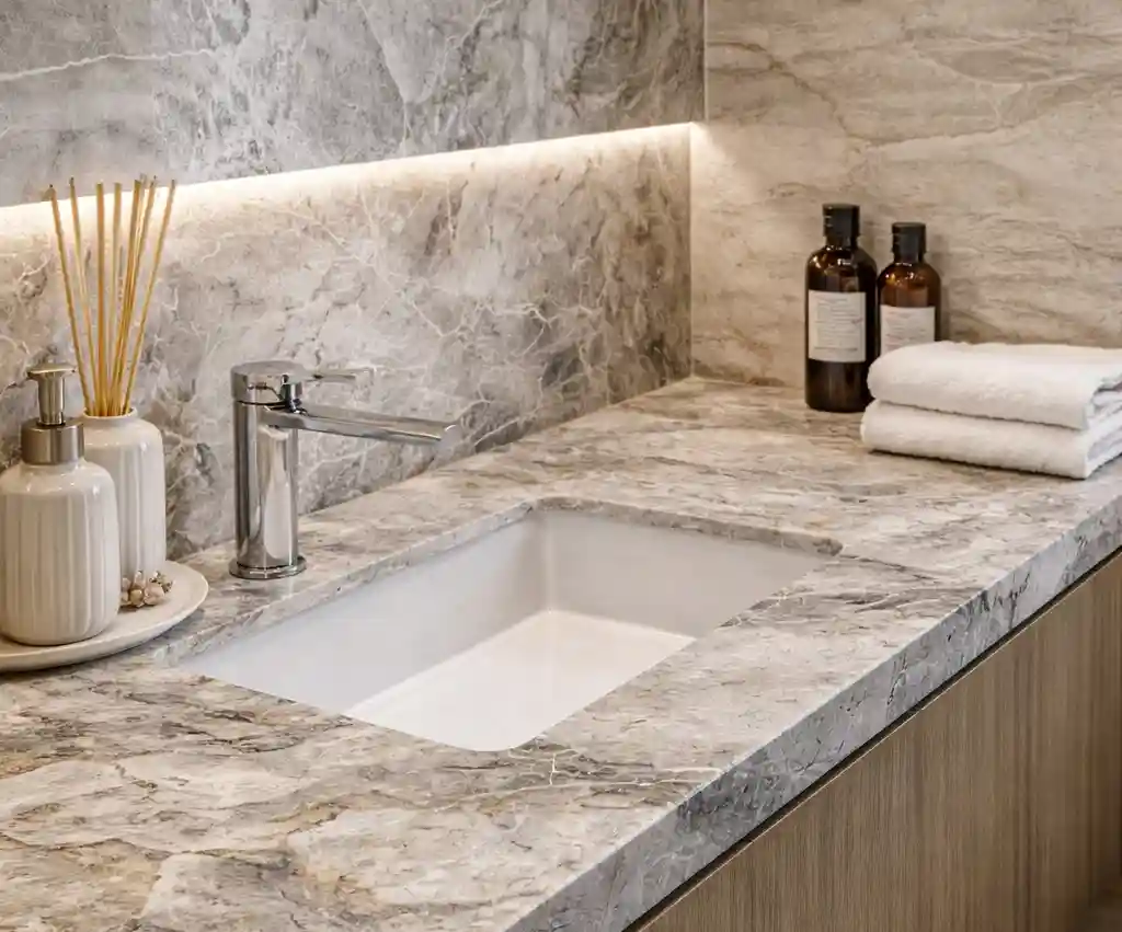 Столешница в ванной из камня — пример фактуры и примыканий