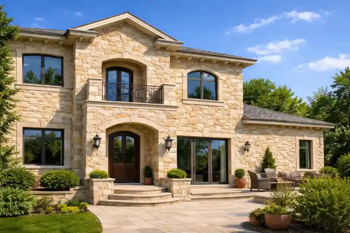 Фасад, облицованный натуральным камнем светлого оттенка в солнечную погоду