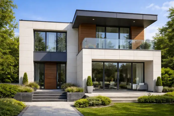 Современный фасад из керамогранита на вентилируемой системе