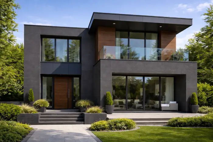 Фасад с облицовкой из искусственного камня на основе кварцевого композита