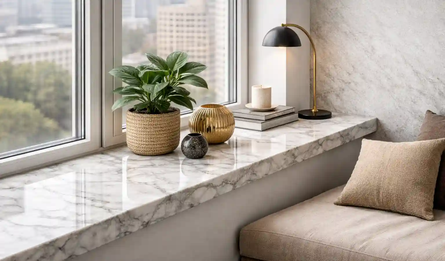 Каменный подоконник в современном интерьере — пример подбора материала, кромки и фактуры
