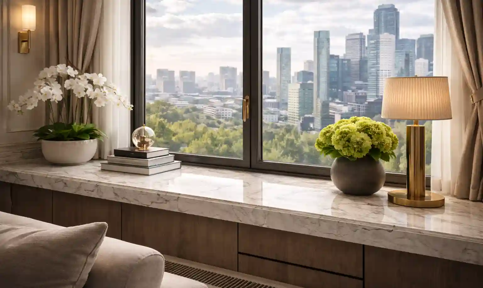 Каменный подоконник в современном интерьере — пример оформления и качества кромки